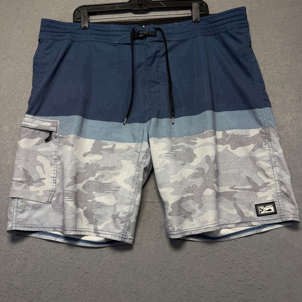 Pelagic Men 40 Board Shorts Blue Grey Camo High Performance Fishing Swim Trunks